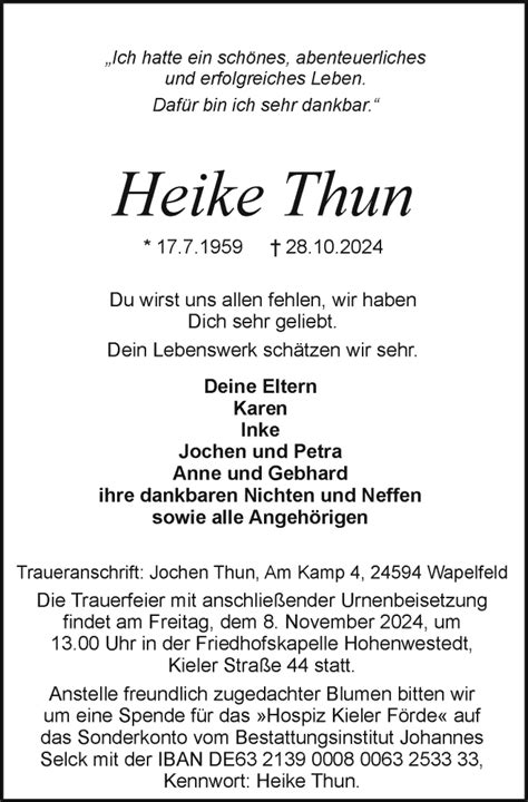 Traueranzeigen Von Heike Thun Sh Z Trauer