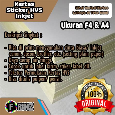 Jual Kertas Sticker HVS F4 A4 A5 A6 Stiker Doff Matte Stiker Inkjet