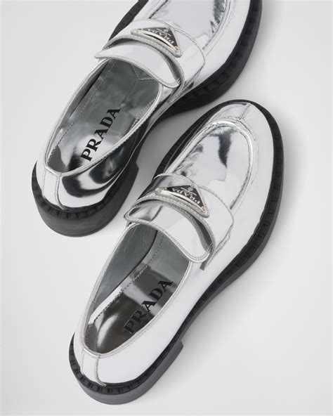 Silver Metallic Leather Loafers Prada