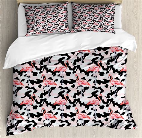 Camo Duvet Cover Set Watercolor Pink Flamingo Print Camouflage