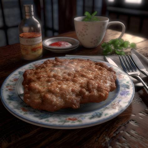 Premium Ai Image Pork Schnitzel With Tomato Sauce On A Wooden Table