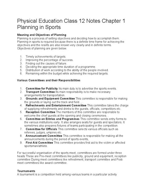 Physical Education Class 12 Notes Chapter 1 Planning In Sports Pdf Tournament Sports