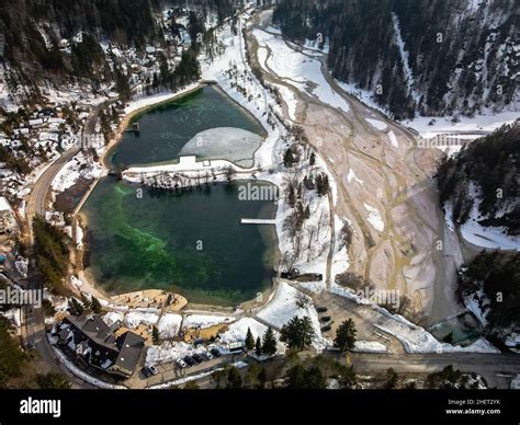 Drone view of Jezero Jasna. Icy man-made lake in Slovenia Stock Photo ...