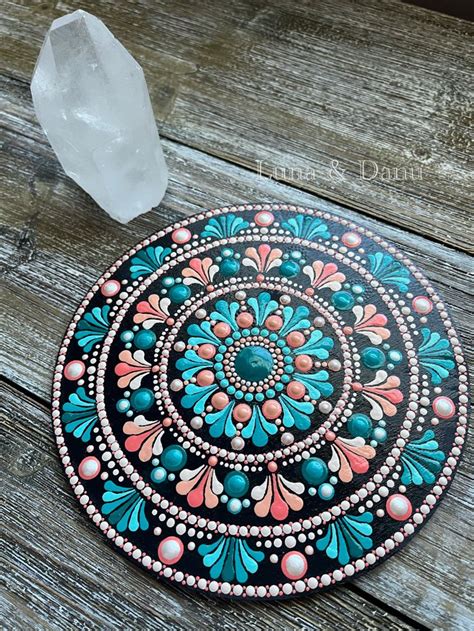 Small Dot Mandala Painting On Wood Peach And Turquoise Hues Original