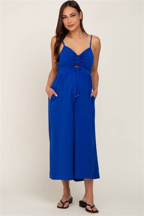 Royal Blue Sleeveless Ruched Drawstring Maternity Jumpsuit Pinkblush