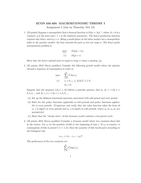 Assignment Econ Macroeconomic Theory I Assignment Due