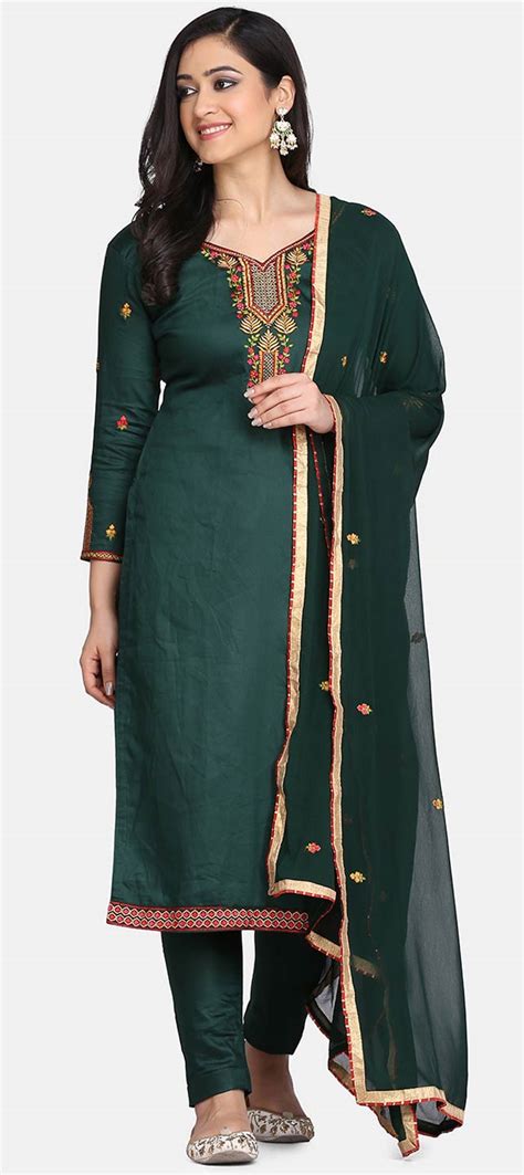 Party Wear Green Color Cotton Fabric Salwar Kameez 1724264