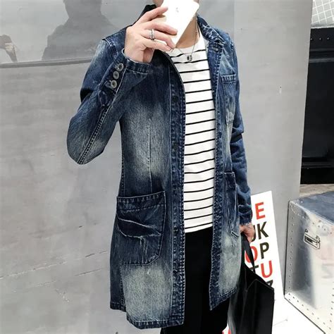 Denim Trench Coat Men Long Jacket Vintage Overcoat Men Slim Fit Windbreaker Turn Down Collar