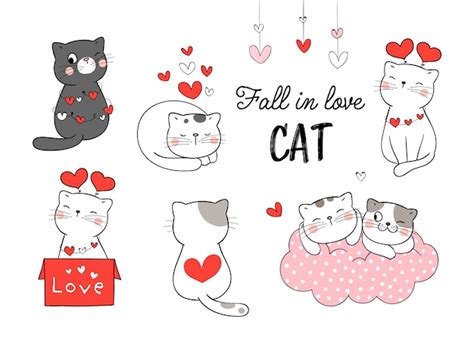 Zeichnen Sie Sammlung Katze Verlieben Sich F R Valentinstag Premium