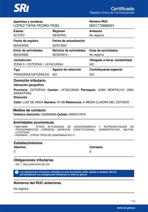 Ruc y CI datos personales Certificado Registro Único de