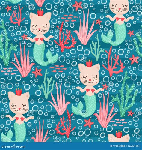 Mermaid Cats Seamless Pattern Cute Kittys With Mermaid Tails And