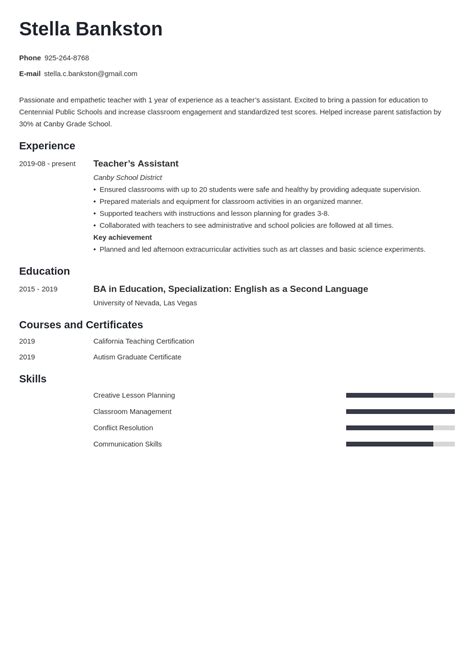 Teacher Resume With No Experience