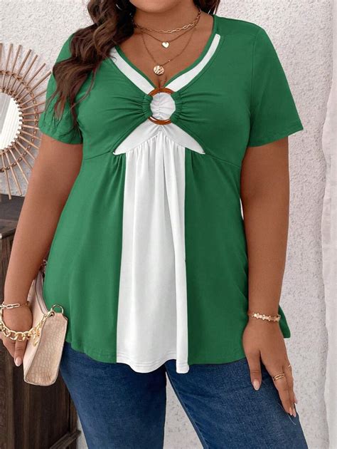 Shein Clasi Plus Size Round Neck Decorative Stitching V Neck Short Sleeve T Shirt Shein Uk