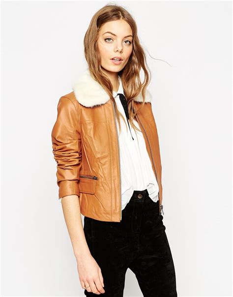 Asos Leather Biker Jacket With Faux Fur Collar At Coats