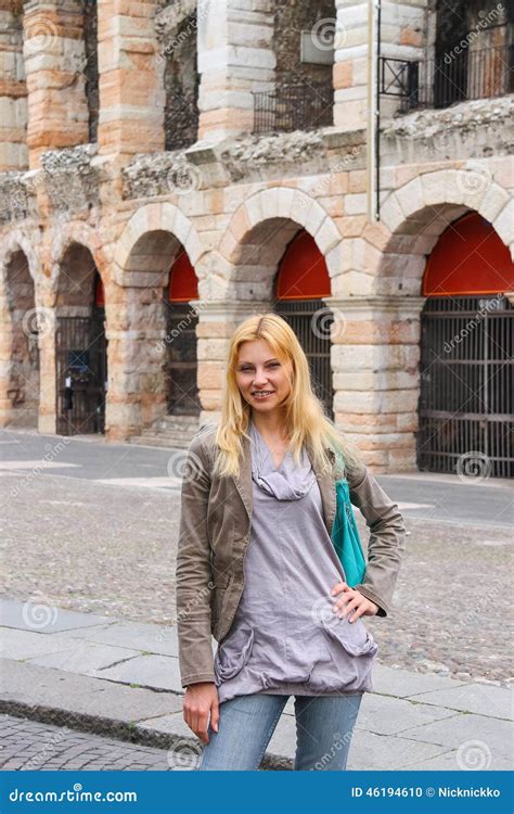 Attractive Girl Near The Arena Of Verona In Italy Stock Photo Image