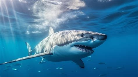 El gran tiburón blanco carcharodon carcharias en aguas azules Foto