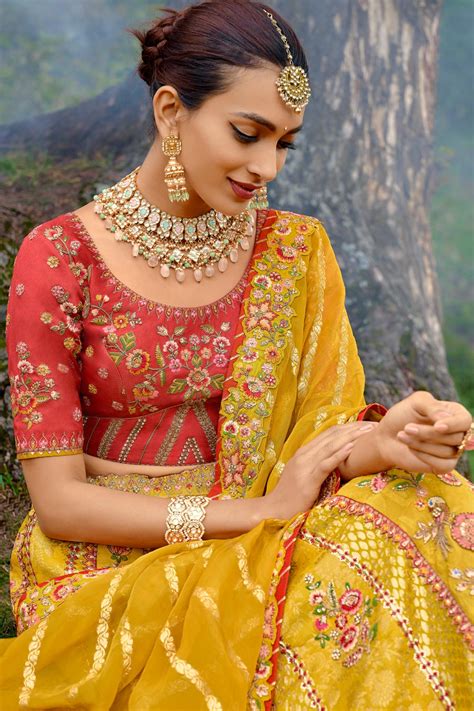 Buy Mustard Banarasi Silk Embroidered Lehenga Set Online Like A Diva