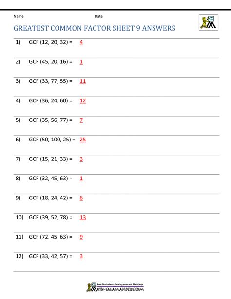 Greatest Common Factor Sheet