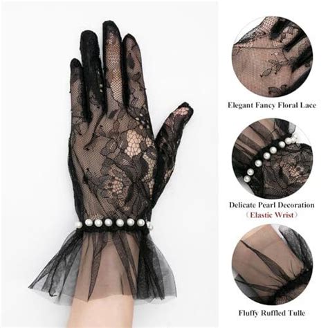 Short Lace Mesh Gloves Tulle Border With Pearl Opera Tea Party Glove