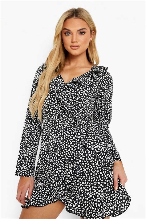 Woven Dalmatian Print Ruffle Tea Dress Boohoo