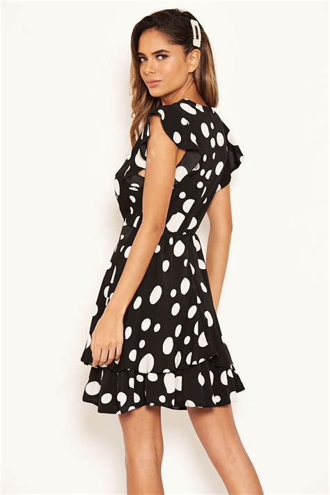 Black Polka Dot Frill Swing Dress Ax Paris