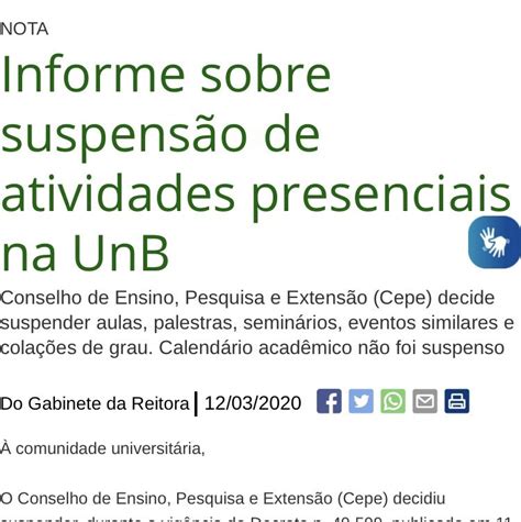 Informe sobre suspensão de atividades presenciais na UnB Covid 19