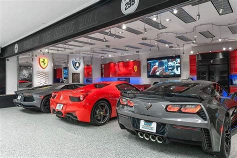 Sports car garage with fresh colors. | Luxury car garage, Luxury garage, Car garage