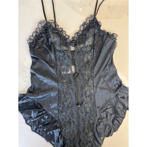 Vintage Black Satin Lace Roses Lingerie Bodysuit Small Etsy