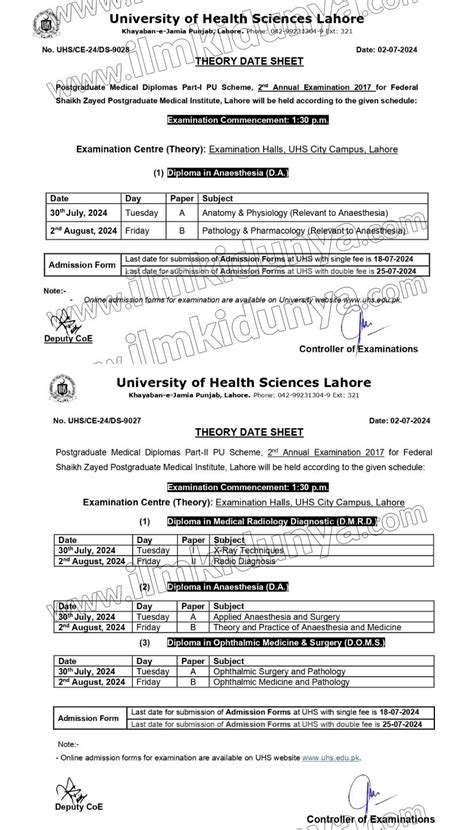 University Of Health Sciences Uhs Post Graduate Date Sheets 2024