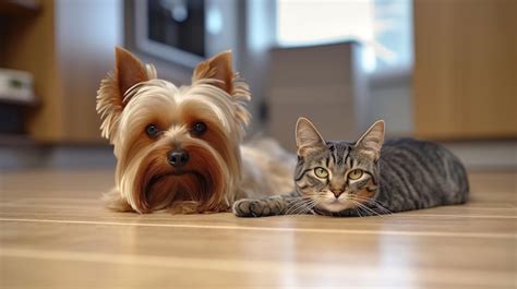 Un Yorkshire Terrier Y Un Gato Gris Tirados En El Suelo De Una Sala De