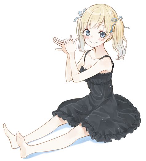 Safebooru 1girl Bare Legs Barefoot Blonde Hair Blue Eyes Blush Dress Hair Ribbon Long Hair