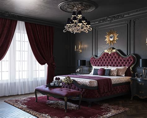 Spacious Dark Grey And Maroon Master Bedroom With Textured Wall Paint