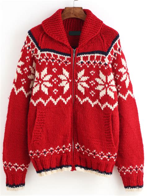 Red Zipper Snowflake Cardigan Sweaters Shein Sheinside