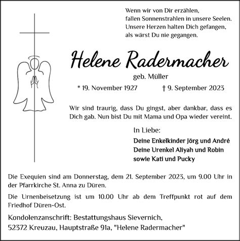 Traueranzeigen Von Helene Radermacher Aachen Gedenkt