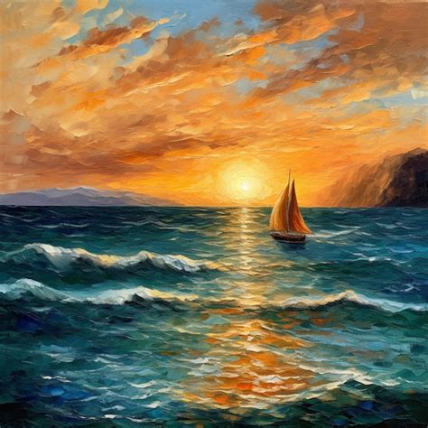 Una Pintura De Un Velero En El Oc Ano Con Una Puesta De Sol De Fondo