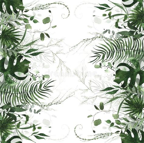 Watercolor Jungle Exotic Greenery Seamless Border Frame Dark Green