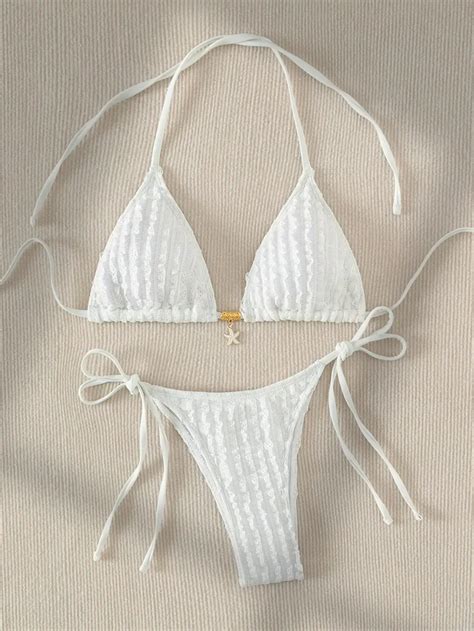 Bikini Blanco Con Cuello Halter Para Mujer Ba Ador Sexy De Encaje Con Realce Micro Ba