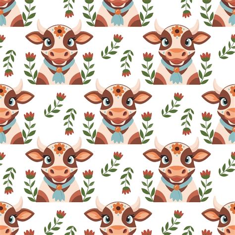 Premium Vector Seamless Pattern Cute Spotted Cows With Flowers On A