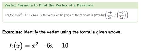 Solved Vertex Formula to Find the Vertex of a Parabola For | Chegg.com