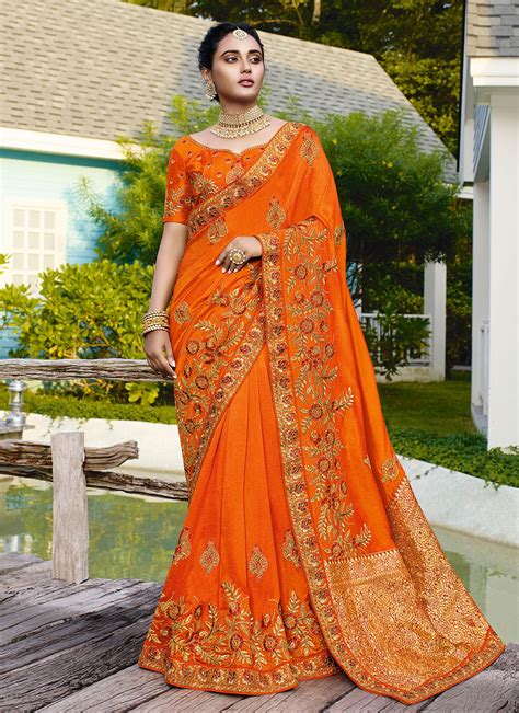 Buy Satin Silk Orange Traditional Saree Online 157796 Traditional Saree