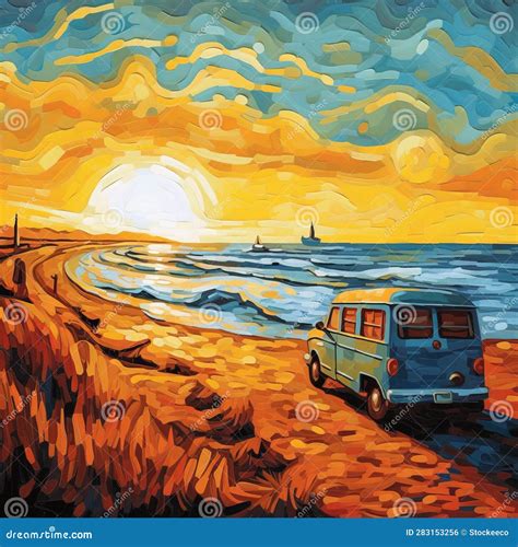 Blue Van By The Beach At Sunset Retro Visuals Painting Stock