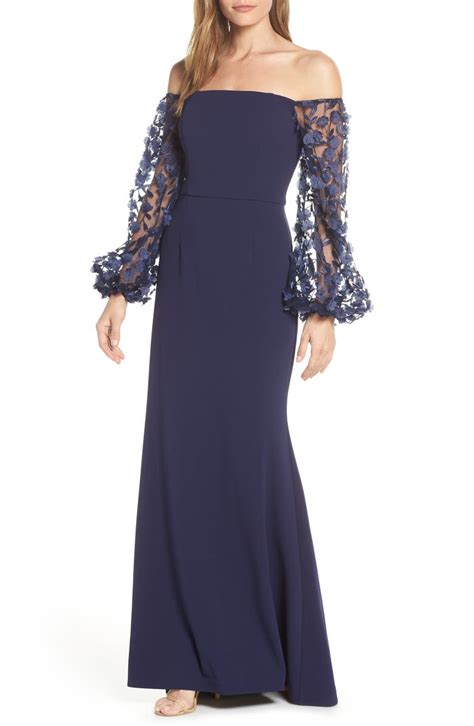 Eliza J Off The Shoulder 3d Floral Sleeve Scuba Crepe Evening Dress