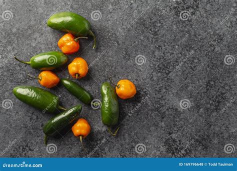 Fresh Picked Jalapeno And Habanero Peppers On Dark Concrete Background