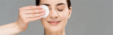 Shot Of Cheerful Naked Woman Covering Eye With Cotton Pad On Grey Stock Image Image Of