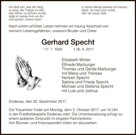 Traueranzeigen Von Gerhard Specht Trauer HNA De