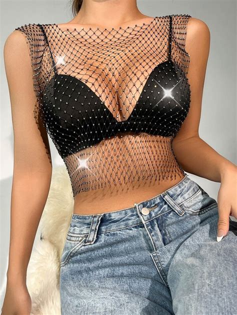 Shein Bae Rhinestone Detail Sheer Mesh Tank Top Without Bra Shein Uk