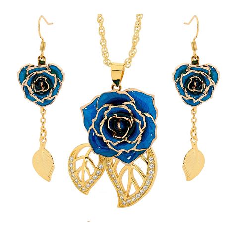 Blue Matching Pendant and Earring Set - Leaf Theme 24K Gold