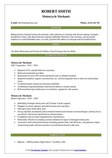 10 Motorcycle Mechanic Resume Samples Templates For 2025