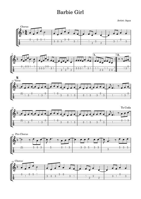 Sheet Music With The Words Barbie Girl Written In Black And White On