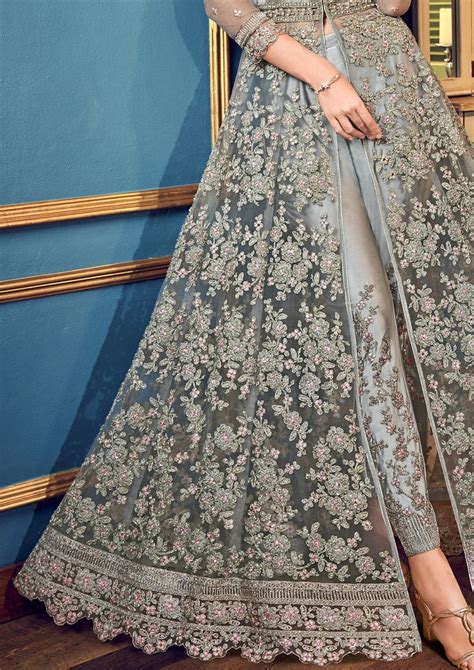 Gray Designer Heavy Embroidered Net Wedding Anarkali Gown Gowns